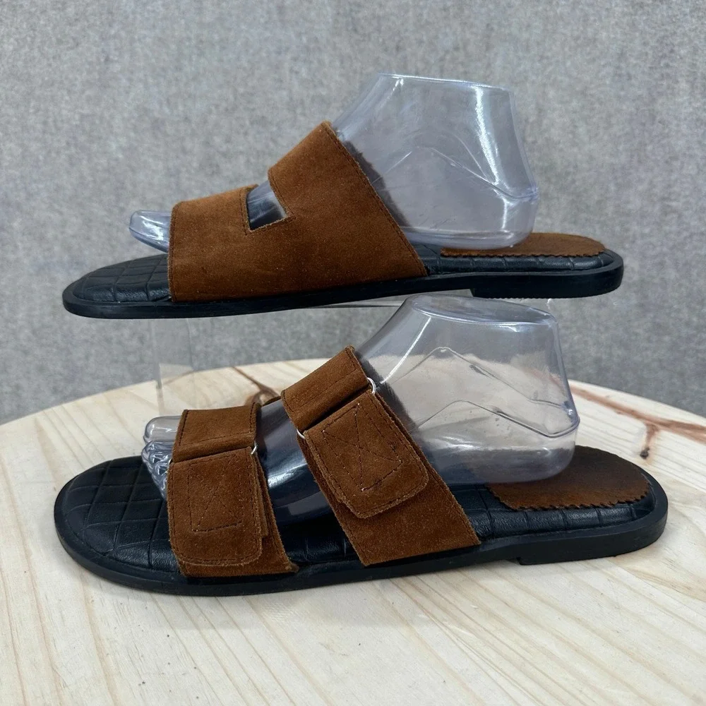 Suede Slide Sandals Mens Size 12 Brown Two Strap Adjustable Casual Leather